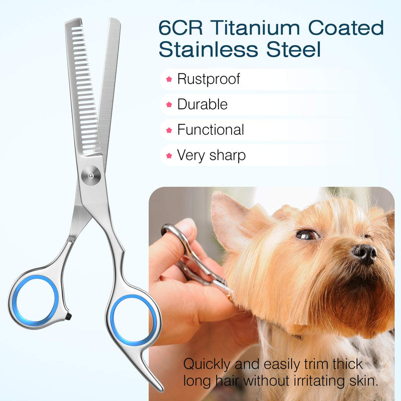 Pawaboo Dog Grooming Scissors Kit 5 Pack, Safety Round Tip Stainless Steel Titanium Coated Pet Grooming Trimmer Set, Thinning/Straight/Curved Shears and Comb with Case for Small Large Pet Dog Cat-Blue Blue - PawsPlanet Australia