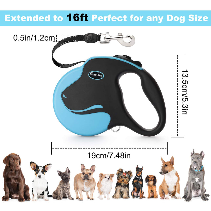 [Australia] - BABYLTRL Upgraded Retractable Dog Leash, 360° Tangle-Free Dog Walking Leash for Heavy Duty up to 110lbs, 16ft Strong Reflective Nylon Tape with Anti-Slip Handle, One-Handed Brake, Pause, Lock Blue 