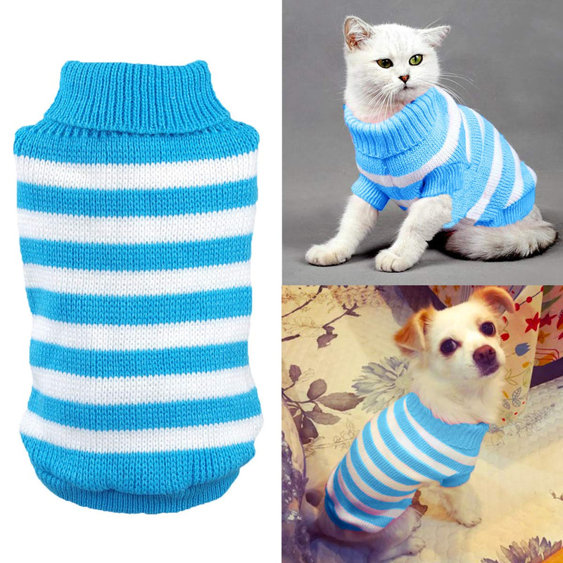 Aiwind Warm Striped Cat Dog Sweater Soft Fall Pullover Winter Pet Clothes Turtleneck Knitwear for Kitten Cat Dog Puppy XS Blue and White - PawsPlanet Australia