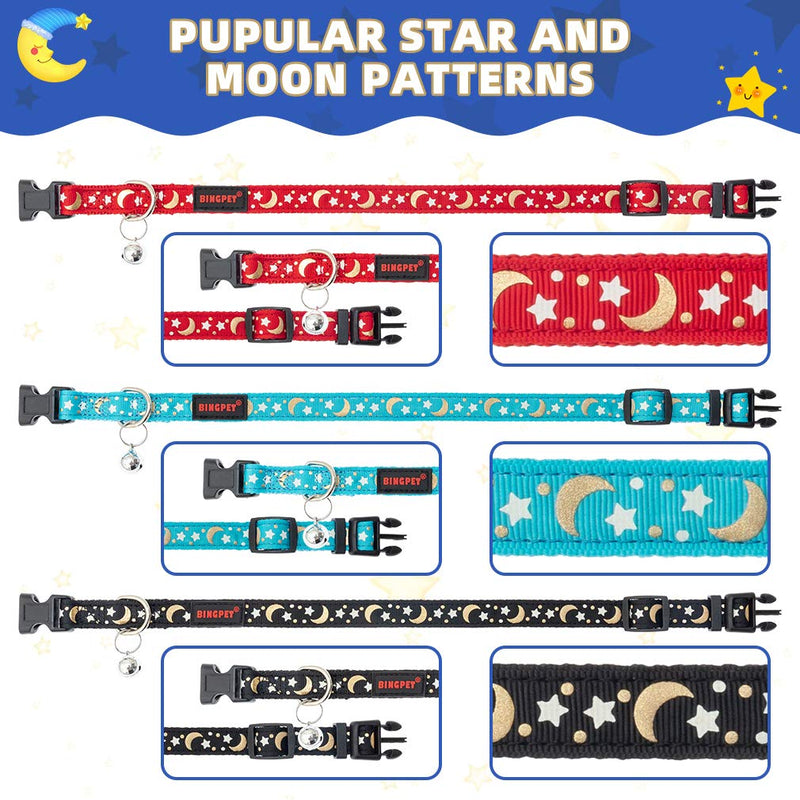 BINGPET Luminous Dog Collar with Bell 3 Pack - Adjustable Soft Pet Puppy Collar with Popular Star and Moon Patterns, Fit for Small and Medium Dogs, Glow in The Dark Red - PawsPlanet Australia