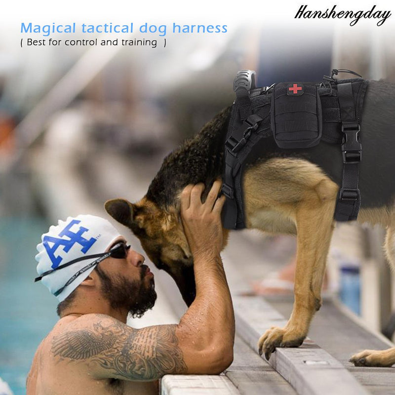 [Australia] - Hanshengday Tactical Dog Vest-Training Molle Harness-Tactical Dog Backpack-Pet Tactical -Vest Detachable Pouches-Relective Patches… L NBlack and 2 pouches 