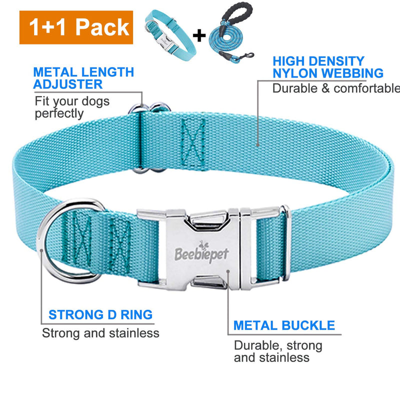 [Australia] - beebiepet Classic Dog Collar with Strong Metal Buckle Adjustable Dog Collars for Small Medium Large Dogs collar+leash S neck 11"-14" Turquoise 