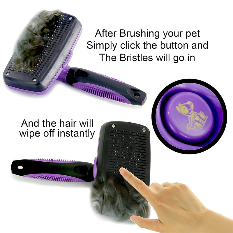 Pet Supplies Self Cleaning Slicker Brush, Dog Brush for Shedding [Upgraded Pain-free Bristles] Cat Deshedding Brush, Reduces Shedding and Tangling for Hair, with Stainless Steel Pet Comb (Purple) Purple - PawsPlanet Australia