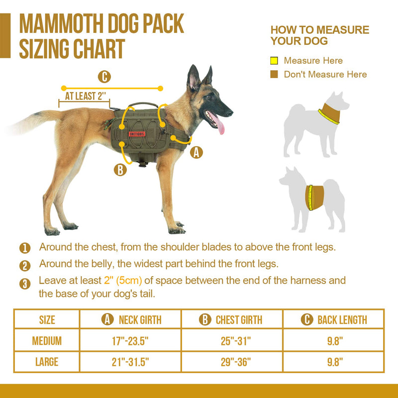 [Australia] - OneTigris Dog Backpack for Hiking Nylon Dog Harness Backpack with Side Pockets for Large Dog with 17"-23.5" Neck Girth and 25"-31" Chest Girth (Ranger Green, Medium) 