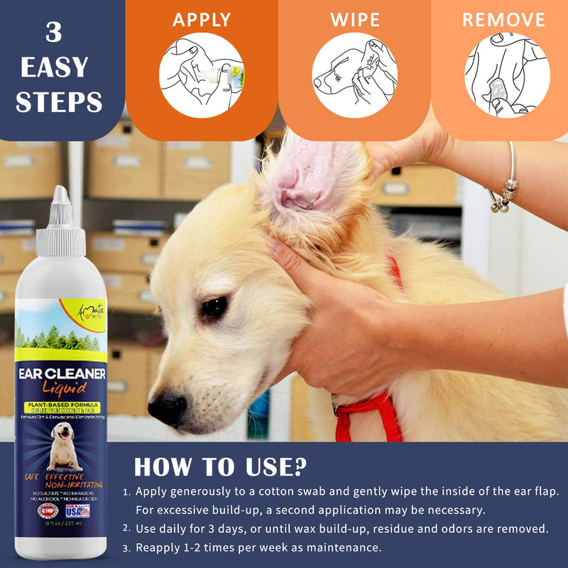 Ear Cleaner for Dogs | Pet Dirt & Earwax Cleanser Solution | Cleans Dog Ear Mites, Yeast and Itching | Alcohol-Free Plant Based Liquid Formula by Amate Pets (8 fl Oz, 237ml) - PawsPlanet Australia