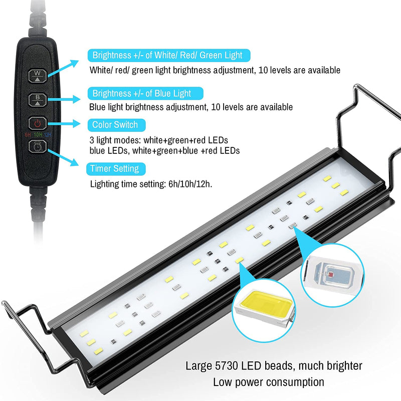 Aquarium Light LED Fish Tank Light for 12-18in Fish Tank, 12W Waterproof IP66 aquarium light for plants, 3 Lighting Modes Freshwater Light, Timer Controller Aluminium Alloy, Extendable Brackets(ZL-30) ZL-30 - PawsPlanet Australia