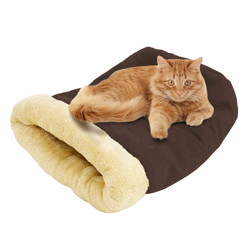 GOOPAWS 4 in 1 Self Warming Burrow Cat Bed, Pet Hideway Sleeping Cuddle Cave Brown - PawsPlanet Australia