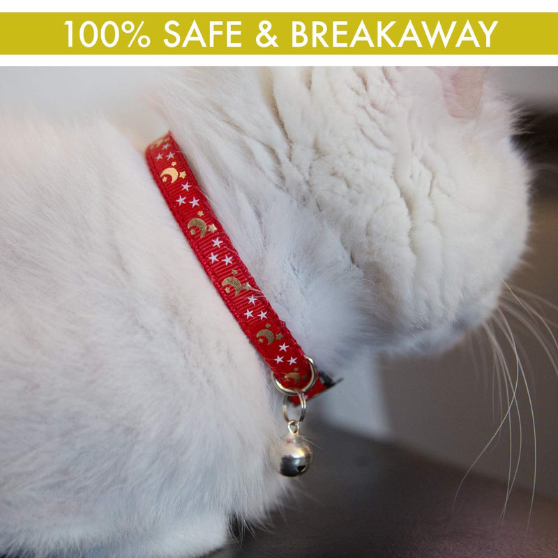 Upgraded Version - Cat Collar Stars and Moon, 4-Pack, Reflective with Bell, Solid & Safe Collars for Cats, Nylon, Kitty Collars, Pet Collar, Breakaway Cat Collar, Free Replacement Black, Red, Blue, Purple - PawsPlanet Australia