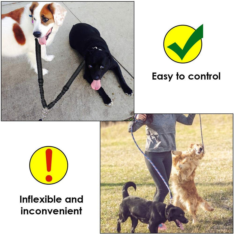 Nasjac Double Dog Leash Lead, Dual Dogs Lead Splitter 360° Rotation No Tangle, Reflective Adjustable Length 2 Dogs Coupler, Comfortable Shock Absorbing Bungee for Dogs Daily Walking Training Black - PawsPlanet Australia