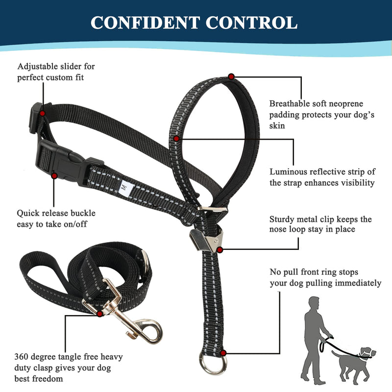 Dog Head Collar, No Pull Head Halter, Soft Headcollar Stops Dogs Pulling on Leash, Durable Dog Training Tool with Leash for Walking Small Medium Large Dogs XS (Snout: 4.7-11.8") Black - PawsPlanet Australia
