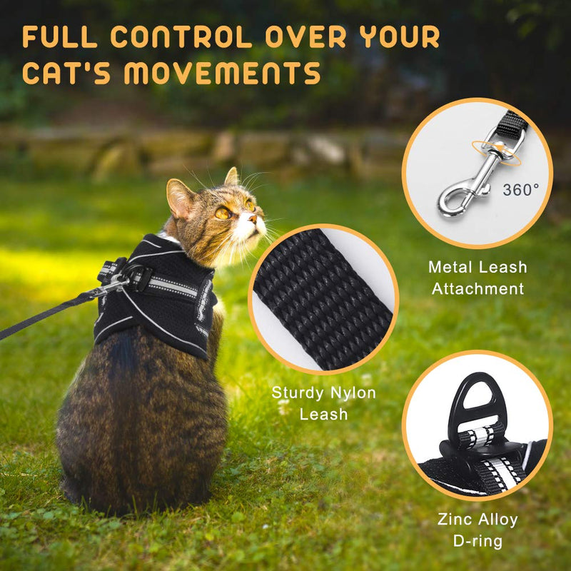 rabbitgoo Cat Harness and Leash Set for Walking Escape Proof, Adjustable Soft Kittens Vest with Reflective Strip for Extra Small Cats, With Safety Buckle Outdoor Vest Harness, Black M - PawsPlanet Australia