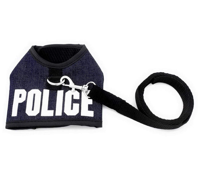 SMALLLEE_LUCKY_STORE Police Print Soft Mesh Denim Cat Harness and Lead Set for Walking Escape Proof Adjustable No Pull Choke Boy Small Puppies Kitten Rabbit Dog Harness Vest, Dark Blue L L(chest 40-46cm,for 4-6.5kg) - PawsPlanet Australia