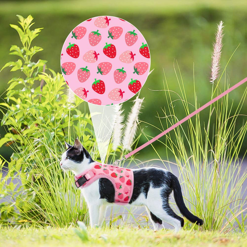 Strawberry Cat Harness and Lead Set- Escape Proof Adjustable Cute Kitty Puppy Floral Mesh Vest Harness for Walking, Pink Strawberry - PawsPlanet Australia