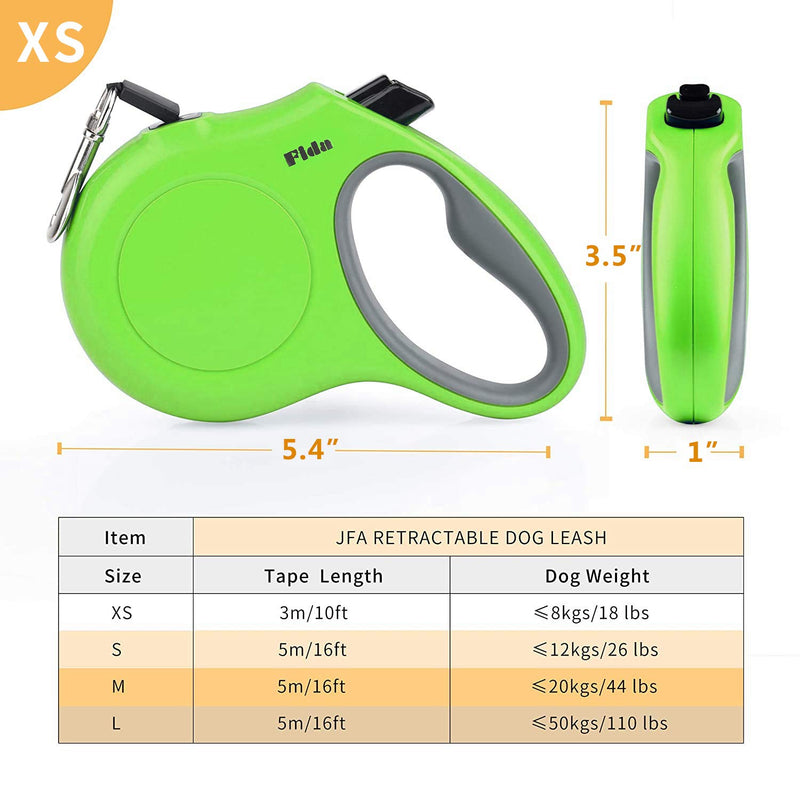 Fida Retractable Dog Leash, 10ft Heavy Duty Pet Walking Leash for X-Small Dog or Cat up to 18 lbs, Tangle Free. One-Hand Brake (X-Small, Green) - PawsPlanet Australia