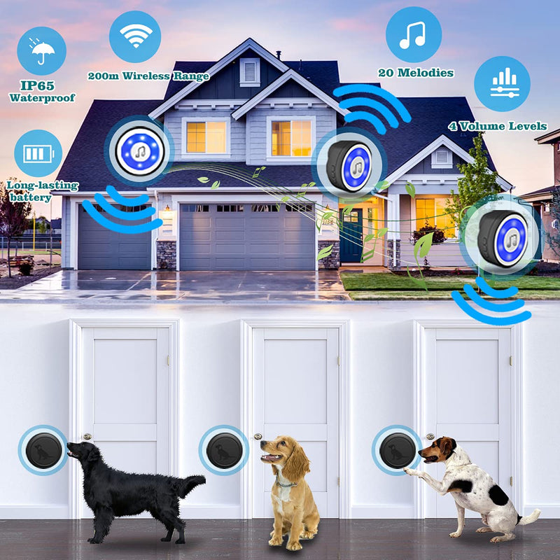 VOWZERY Wireless Dog Doorbell, Smart Dog Bell for Door Potty Training, Puppy Training Supplies, IP65 Waterproof Doorbell, 20 Melodies 4 Light Modes (1 Receiver 2 Transmitters) - PawsPlanet Australia
