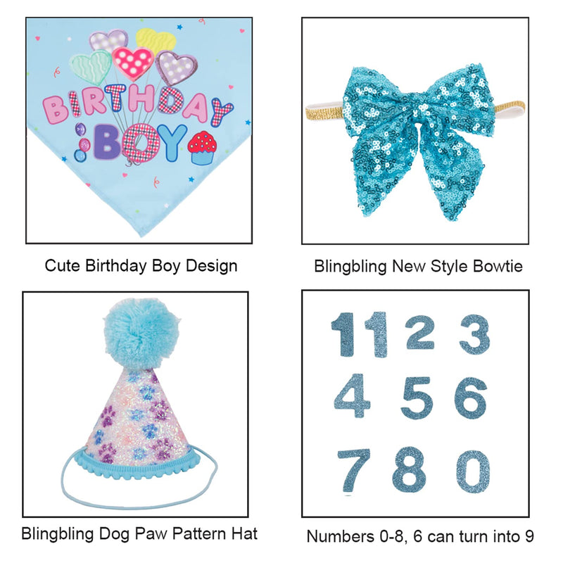 Dog Birthday Party Supplies, Boy Girl Dog Birthday Hat with Numbers Dog Puppy Birthday Bandana Hat Bow Set Blue - PawsPlanet Australia