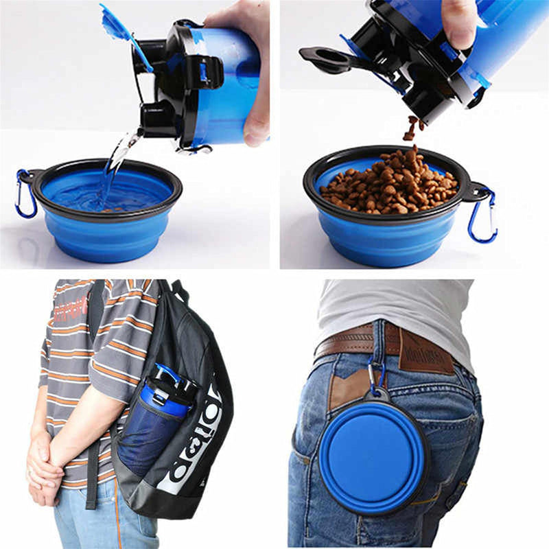 GEEZY Dog 2 in 1 Bottle Pet Feeder Water Bottle & Collapsible Bowl Travel Outdoor Dry Food Water Storage For Cat Dog Small Animals - PawsPlanet Australia