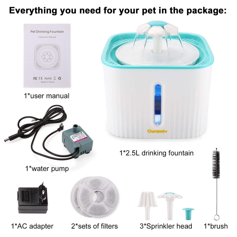 Ownpets Cat Water Fountain Bowl,Pet Drinking Dispenser 2.5L Super Quiet Dog Water Fountains with LED Light Water Level Window and 2PCS Carbon Filters&3 Sprinkler Head for Dogs, Cats and Small Animals - PawsPlanet Australia