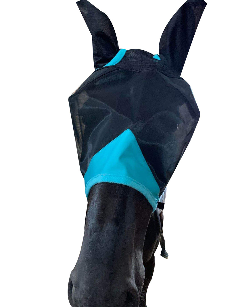 TGW RIDING Horse Mask with Ears Fine Mesh Cob Black/Turquoise - PawsPlanet Australia