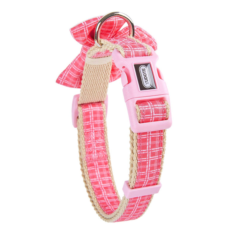 YUDOTE Natural Cotton Dog Collar Soft Lightweight with Plaid Ribbon and Removeable Bow-tie for Small Dogs Neck 25-38cm,Rose Pink S: for 25-38cm Neck, 1.5cm Width Rose Pink - PawsPlanet Australia