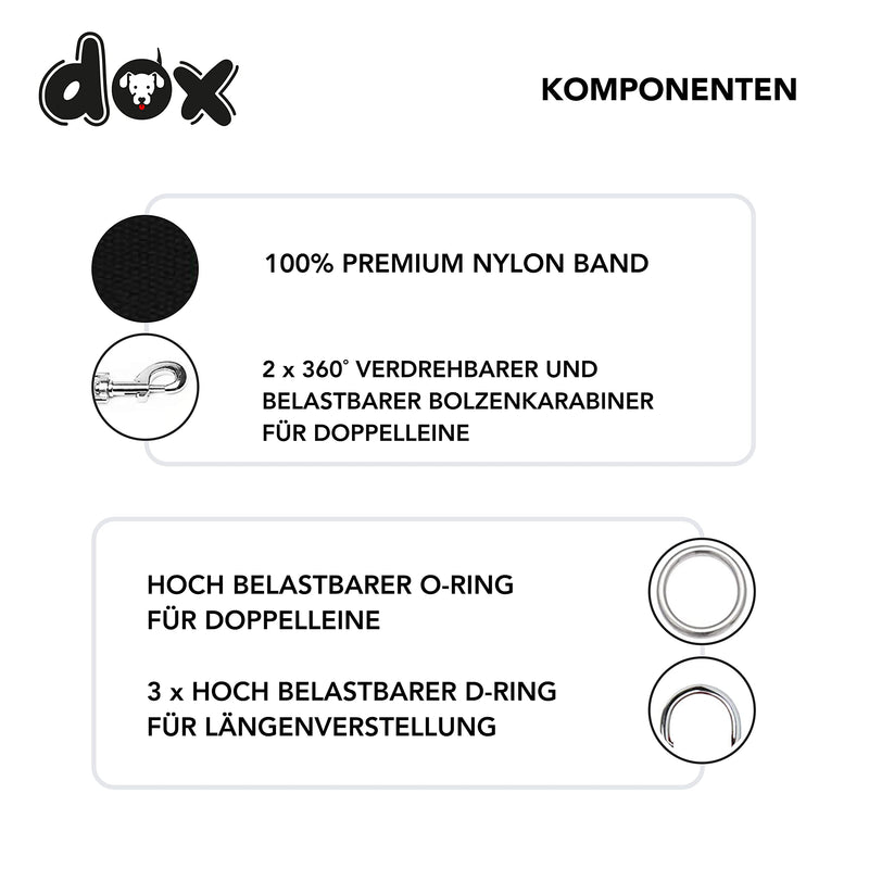 DDOXX dog leash nylon, 3-way adjustable, 2m | for small & large dogs | Double Leash Two Dog Cat Puppy | Towing leash large | Lead leash small | Running leash puppy leash | M, Black M - 2.0 x 200 cm - PawsPlanet Australia