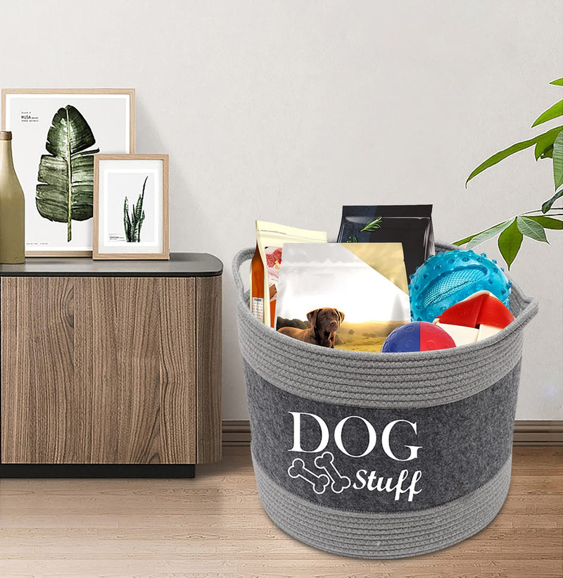 Morezi Cotton felt round dog toy box and dog toy basket storage with handle, doggie toy bin - Good idea for organizing pet toys, blankets, leashes, clothing, dry food and any doggie stuff - PawsPlanet Australia