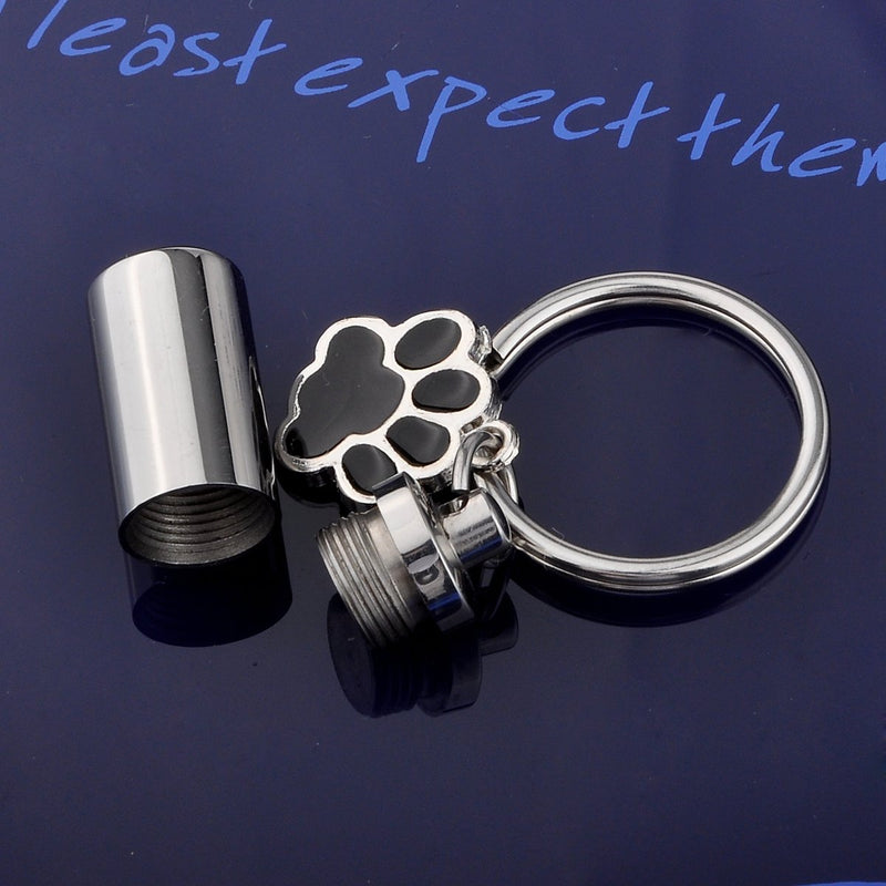 HOUSWEETY Pet Cremation Stainless Steel Pill Box Case Bottle Holder Container Keychain with Dog Paw Charm - PawsPlanet Australia