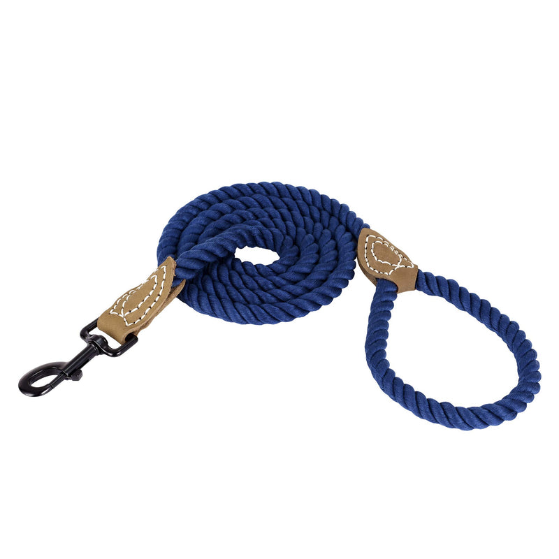 Mile High Life Braided Cotton Rope Leash with Leather Tailor Handle and Heavy Duty Metal Sturdy Clasp (4/5/6 FEET) 4 FT Blue - PawsPlanet Australia