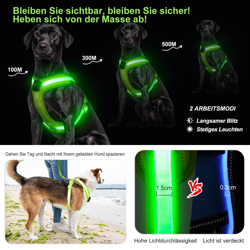 PZRLit Luminous Dog Harness, Luminous Harness for Dogs, Rechargeable, Luminous Dog Harness, LED, Luminous Harness for Dogs, Reflective with Light, Safety in the Dark-Green, Medium Green - PawsPlanet Australia