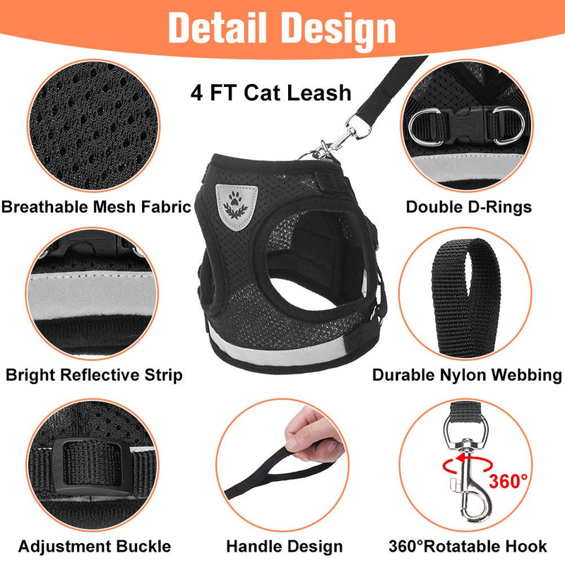 Cat Harness and Leash Set - Reflective Escape Proof Cat Harness for Kitties Daily Outdoor Walking with Soft Breathable Mesh Chest Strap and Durable Leash, Black S (Chest 11.4"-13" / Leash 3.9ft) - PawsPlanet Australia