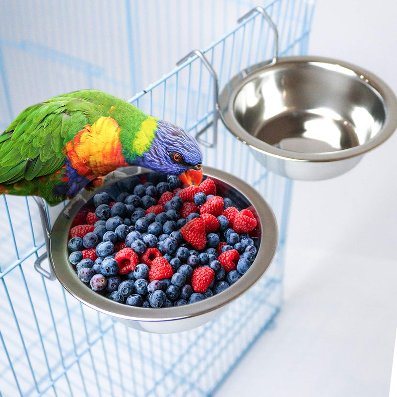 2 Pack Bird Feeder Birds Bowls Stainless Steel Dishes Coop Cups with Wire Hook, Parrot Feeding Dish Cups Food Water Bowls with Bird Food Holder and Rattan Ball for Finches Lovebirds (Set 1) 1 Count (Pack of 1) - PawsPlanet Australia