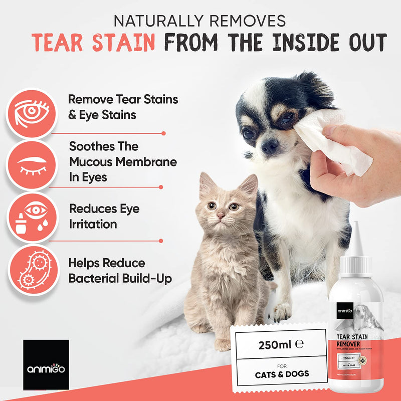 Animigo Tear Stain Remover Solution - Natural Cleansing Liquid For Tear & Saliva Stains on Cats & Dogs - Cleaner Supplement Treatment - No Bleach, Peroxide or Irritants - 118ml Liquid - PawsPlanet Australia