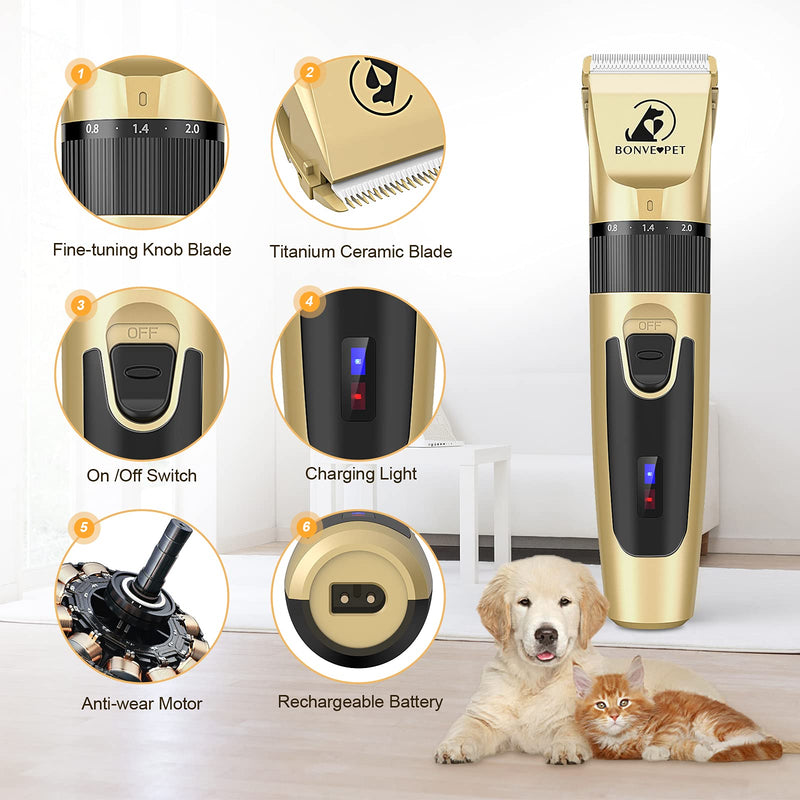 Bonve Pet Dog Clippers, Professional Dog Trimmer for Grooming with 2200mAh Rechargeable Battery, Low Noise Cordless Pet Clippers for Dogs Cats Pets - PawsPlanet Australia