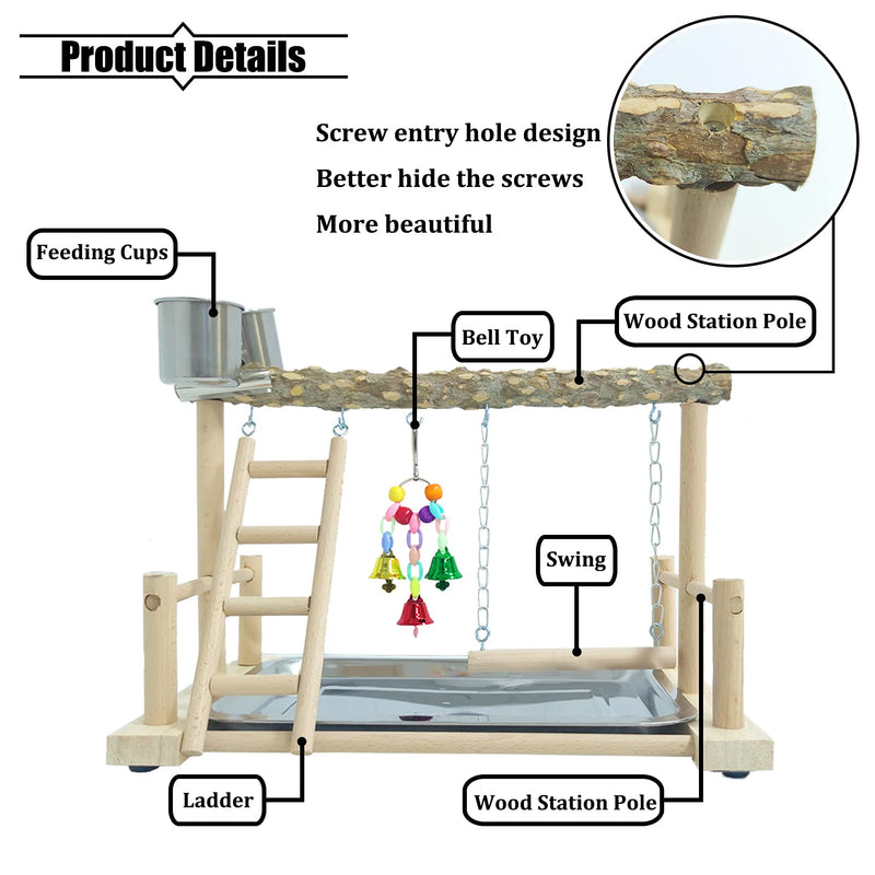 PINVNBY Bird Playground Parrot Playstand Bird Play Stand Wood Perch Gym Stand Swing Ladder with Feeder Cups Exercise Play Include Tray for Parrot Parakeet Conure Cockatiel Budgie Cage Accessories - PawsPlanet Australia