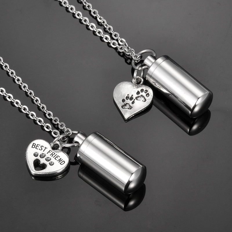 [Australia] - HooAMI Pet Paw Heart Charm & Cylinder Memorial Urn Necklace Stainless Steel Cremation Jewelry Heart Paw 