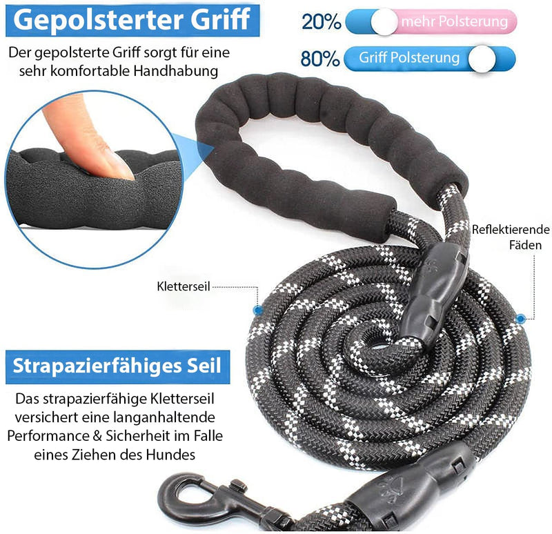 Cutefly dog leash for small medium and large dogs 1.5m up to 150kg with comfortable padded handle & robust reflective nylon for safety for people and dogs, black - PawsPlanet Australia