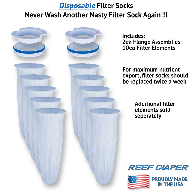 Reef Diaper Disposable Filter Socks, Replaces Standard 4" Felt Socks, Freshwater and Saltwater Compatible, Starter Kit Includes 2ea Flange Assemblies & 10ea Filter Elements - PawsPlanet Australia