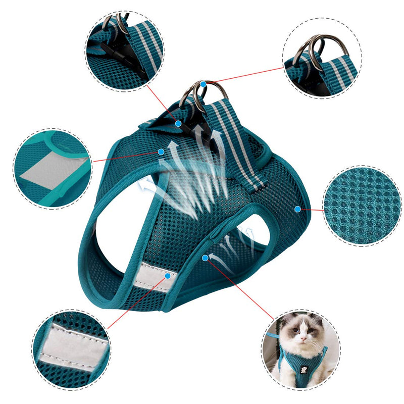 Wooruy Cat Harness and Leash Set for Walking 360° wrap-Around Small Cat and Dog Reflective Harness Cushioning and Anti-Escape Suitable for Puppies Rabbits with Cationic Fabric XS Turquoise - PawsPlanet Australia