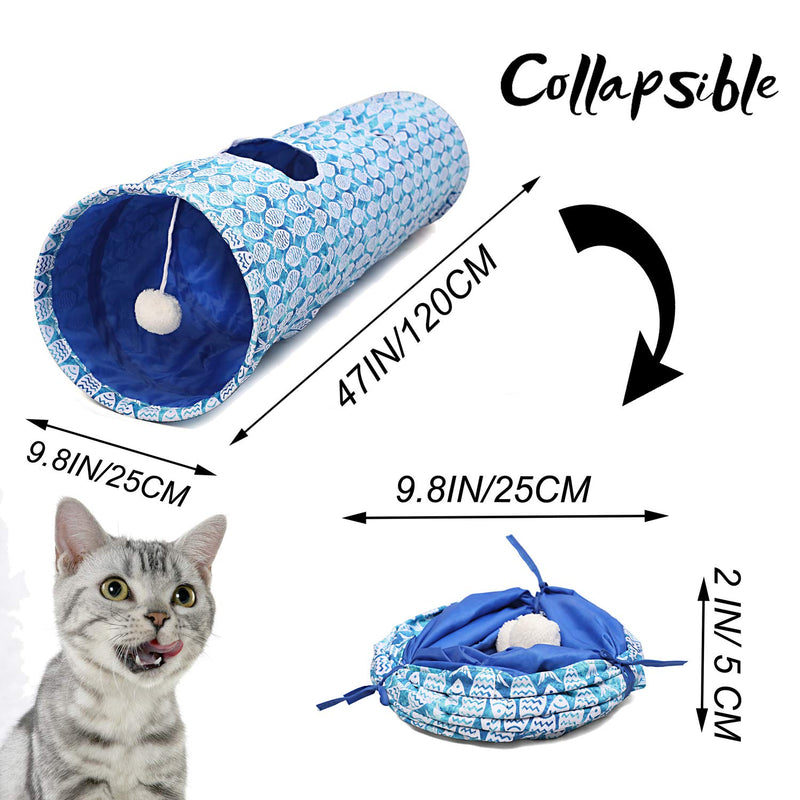 LUCKITTY Cat Kitten Tunnel Tube Toy with Plush Ball-Portable Oxford Plush Material Waterproof Durable Washable-Interesting Geometric Pattern Collapsible-47.2Inch/120CM Fish - PawsPlanet Australia