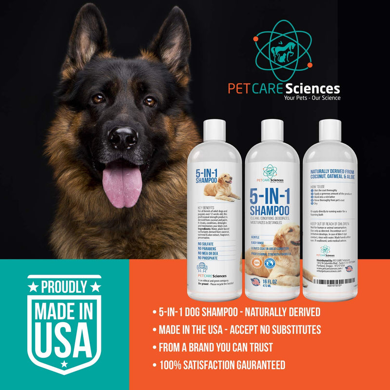 [Australia] - PET CARE Sciences Dog Shampoo, Naturally Derived Dog and Puppy Shampoo and Conditioner, 5 in 1 Formula with Coconut, Aloe and Oatmeal, Tear Free Dog Shampoo for Sensitive Skin, Made in The USA 16 Fl Oz 