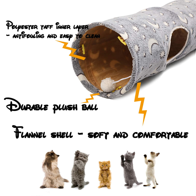 LUCKITTY Cat Tunnel Tube with Plush Ball Toys Collapsible Self-Luminous Photoluminescence, for Small Pets Bunny Rabbits, Kittens, Ferrets,Puppy and Dogs Grey Moon Star 47.2Inch - PawsPlanet Australia