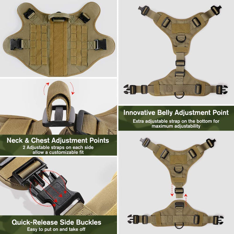 [Australia] - rabbitgoo Tactical Dog Harness Vest Large with Handle, Military Working Dog Molle Vest with Metal Buckles & Loop Panels, No-Pull Adjustable Training Harness with Leash Clips for Walking Hiking Hunting L: Neck (24.8-34.6"). Chest (31.5-41.3”) Tan 