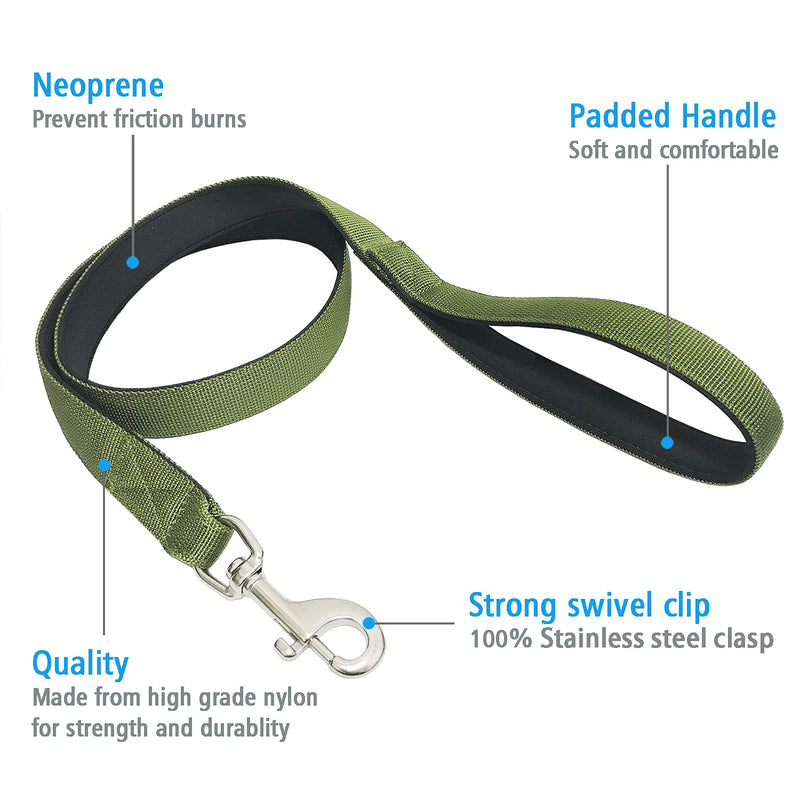 Dog Leash (4' Length) with Soft Foam, 100% Stainless Steel Clasp, 360° Rotating, Comfort Non-Slip Handle, for Small to Large Dogs (Army Green) Army Green - PawsPlanet Australia