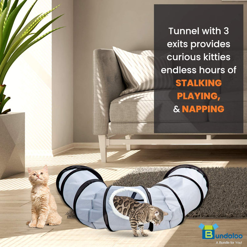 Bundaloo Cat Tunnel & Bed - Foldable, Portable for Indoor & Outdoor Activities - Lightweight, Durable Pet Accessories with Window, Dangling Pom Pom, Waterproof Base - Made for Small Pets - Washable - PawsPlanet Australia