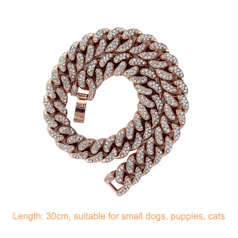 SOGAYU Rose Gold Chain Metal Dog Collar 10mm Wide Cuban Diamond Alloy Necklace Cute Fashion Pet Puppy Link Jewelry Accessories for Small Dogs Cats (11.8inch) - PawsPlanet Australia