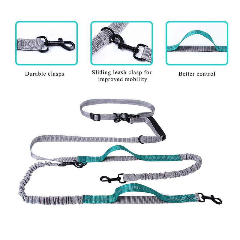 [Australia] - Alsol Lamesa Dual Dog Leash, Double Dog Leash, 360 Swivel No Tangle Double Dog Walking Training Leash, Comfortable Shock Absorbing Reflective Bungee for Two Dogs, Black, Medium Large Dog Dark Green with Waste Bag 