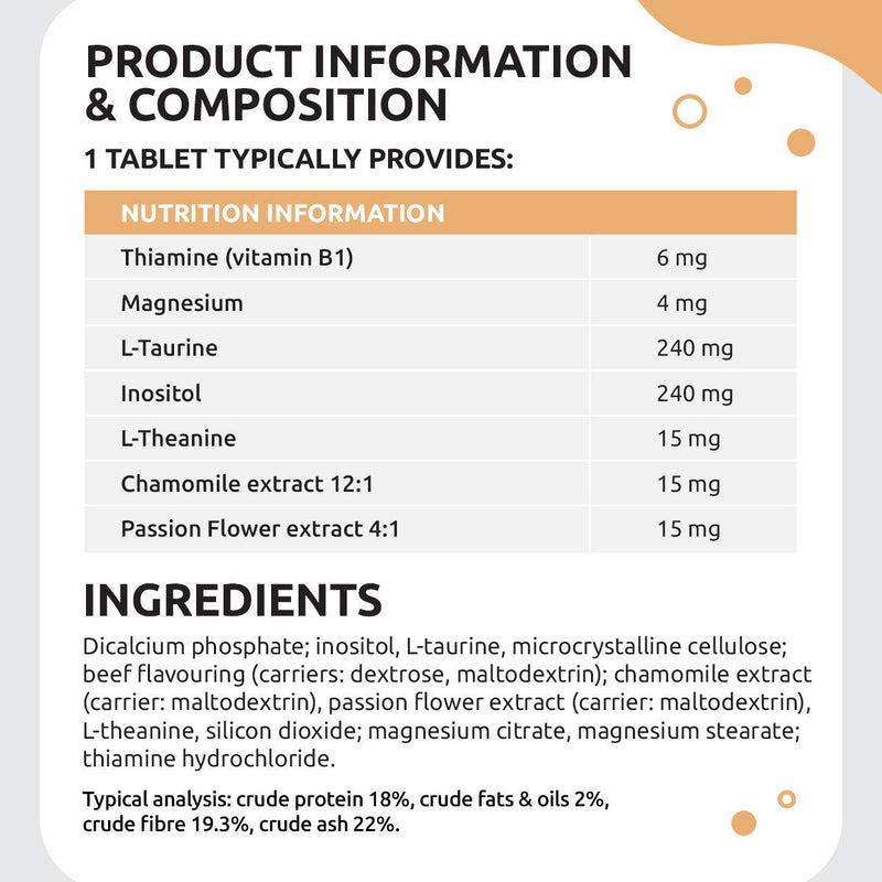 Dog Calming Tablets - Premium Taurine Complex - Natural Relaxing Supplement for Dogs - Helps with Separation Anxiety, Stress, Travel, Motion Sickness & Nervousness - Combats Fear & Aggression - PawsPlanet Australia