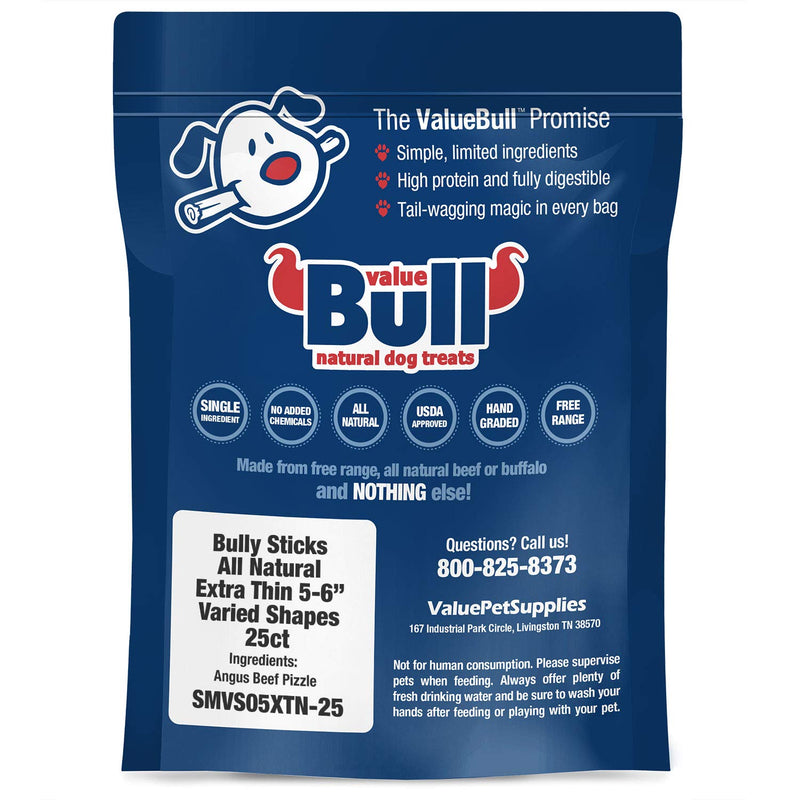 [Australia] - ValueBull Bully Sticks, Extra Thin 5-6 Inch, Varied Shapes, 50 Count - All Natural Dog Treats, Rawhide Alternative, Angus Beef, Free Range, Single Ingredient, Fully Digestible, Cleans Teeth 