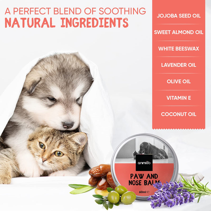 Animigo Natural Paw And Nose Balm For Dogs & Cats - 60ml - Nose & Paw Protection For Dogs & Cats All Year Round - Moisturising Cream For Cracked & Itchy Dog Pads - Lick Safe & Non Toxic - Made In UK - PawsPlanet Australia