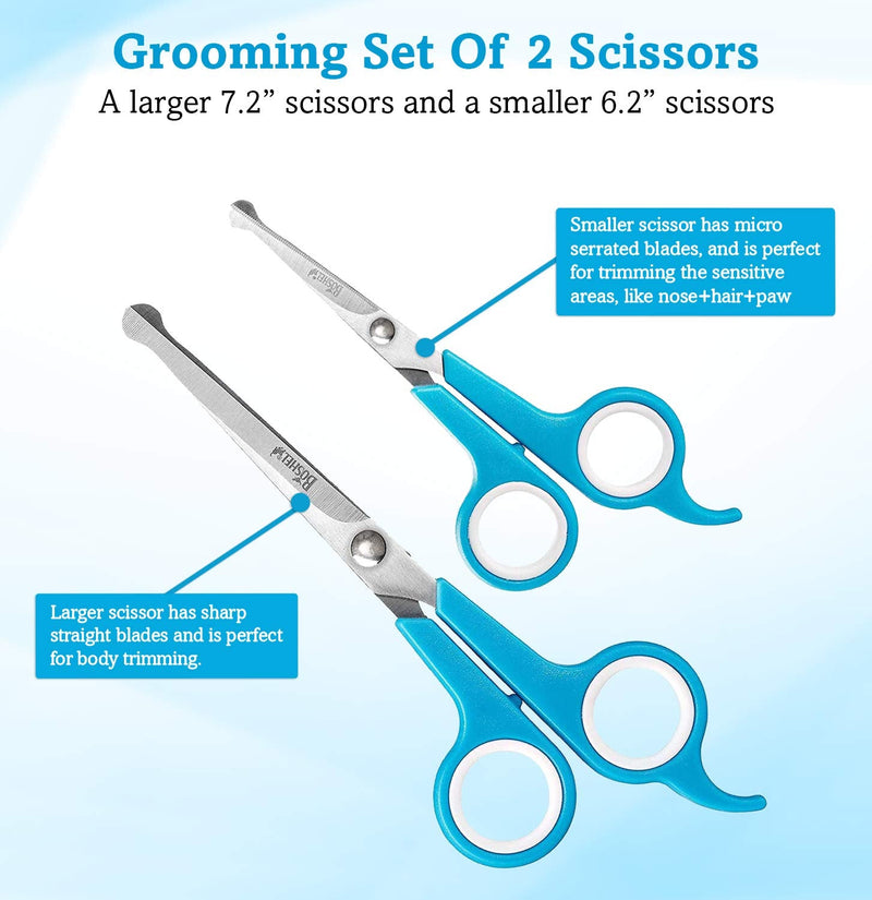 BOSHEL Dog Grooming Scissors Set - 2 Pet Grooming Scissors – Safe Rounded Tips – 1 Small Micro Serrated Dog Trimming Scissor For Face, Ear, Nose & Paw + 1 Larger Dog Scissor - Dog Grooming Shears Set 2 Pack - PawsPlanet Australia